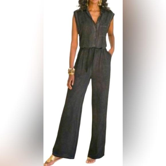 Soft Surroundings Pants - Soft Surroundings Camilla Jumpsuit Front Tie Button Charcoal Black